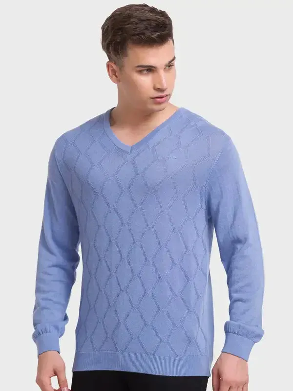 Men Blue Tailored Fit Structure Acrylic Merino Blend Full Sleeve V Neck Collar Sweaters