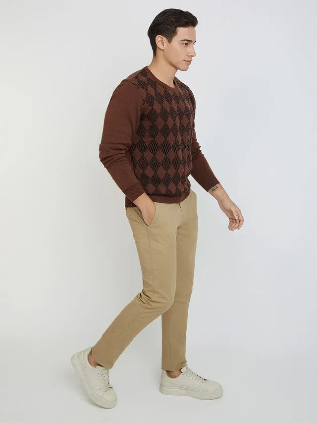 Men Brown Argyle Acrylic Wool Blend Round Collar Sweaters