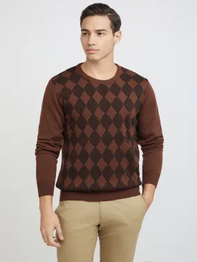 Men Brown Argyle Acrylic Wool Blend Round Collar Sweaters