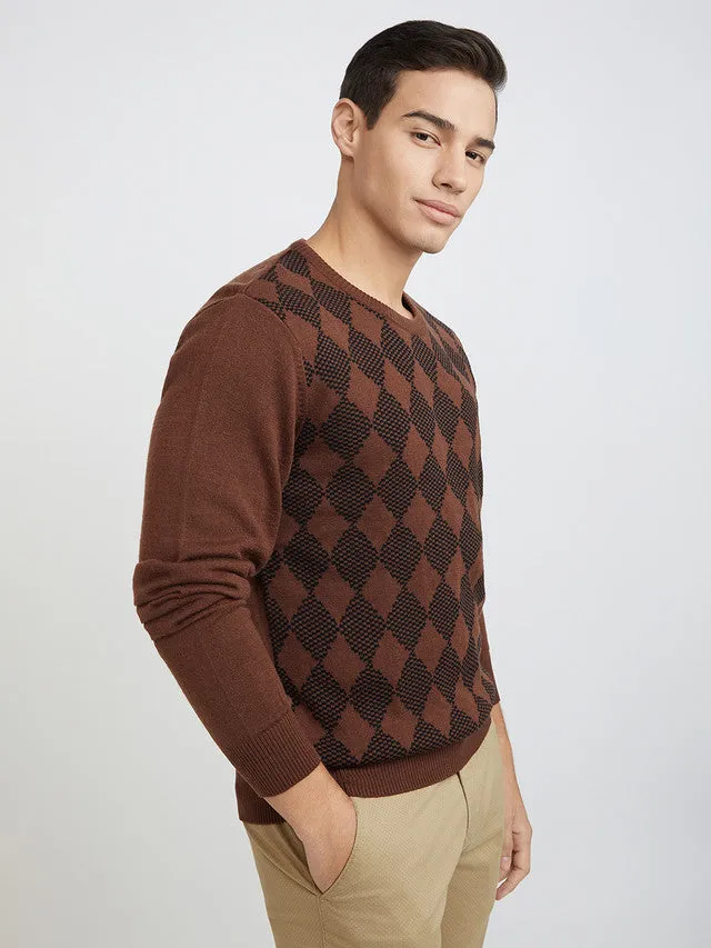 Men Brown Argyle Acrylic Wool Blend Round Collar Sweaters