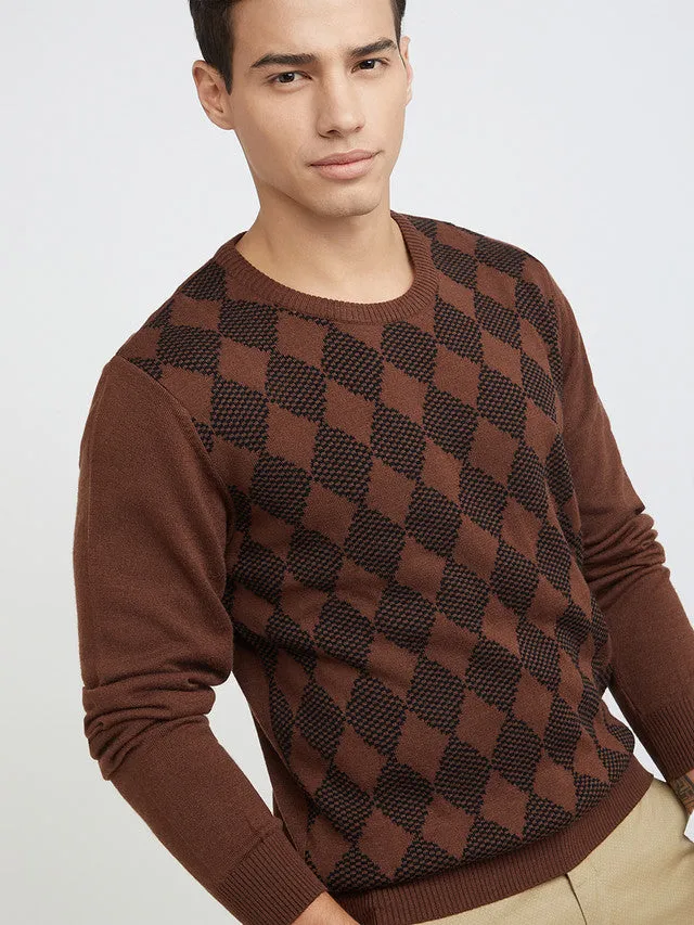 Men Brown Argyle Acrylic Wool Blend Round Collar Sweaters