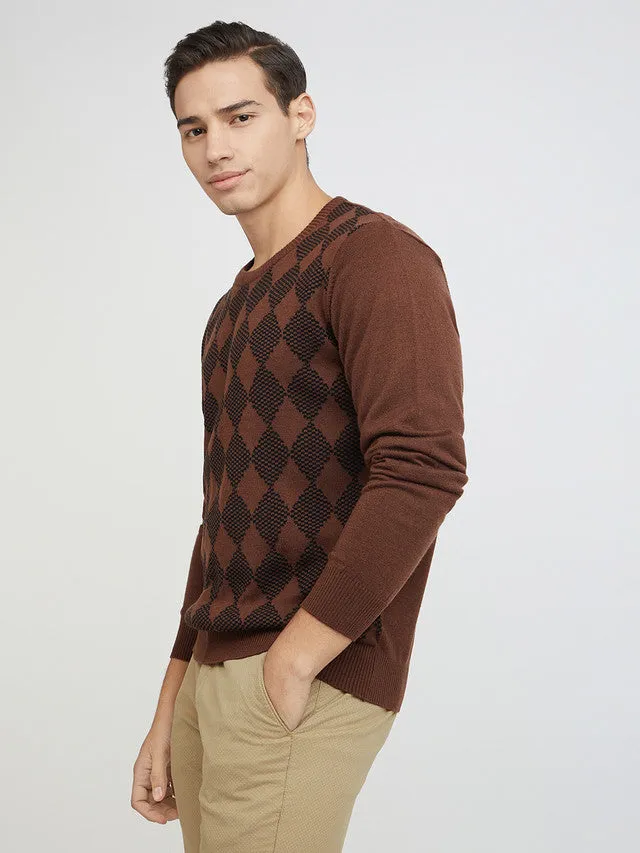 Men Brown Argyle Acrylic Wool Blend Round Collar Sweaters