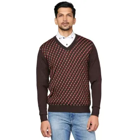 Men Brown Jacquard Wool Blend Full Sleeve V Neck Collar Sweaters