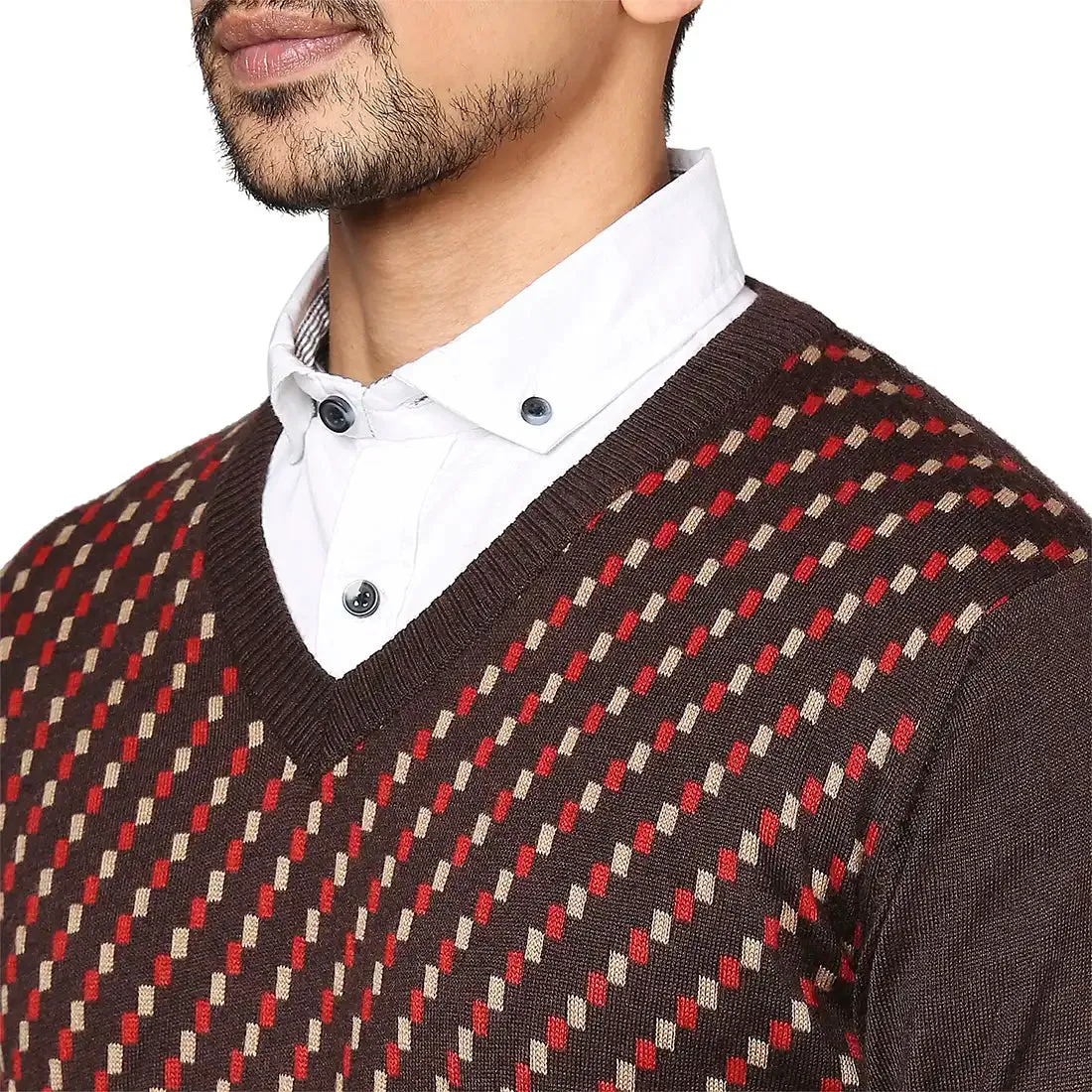Men Brown Jacquard Wool Blend Full Sleeve V Neck Collar Sweaters