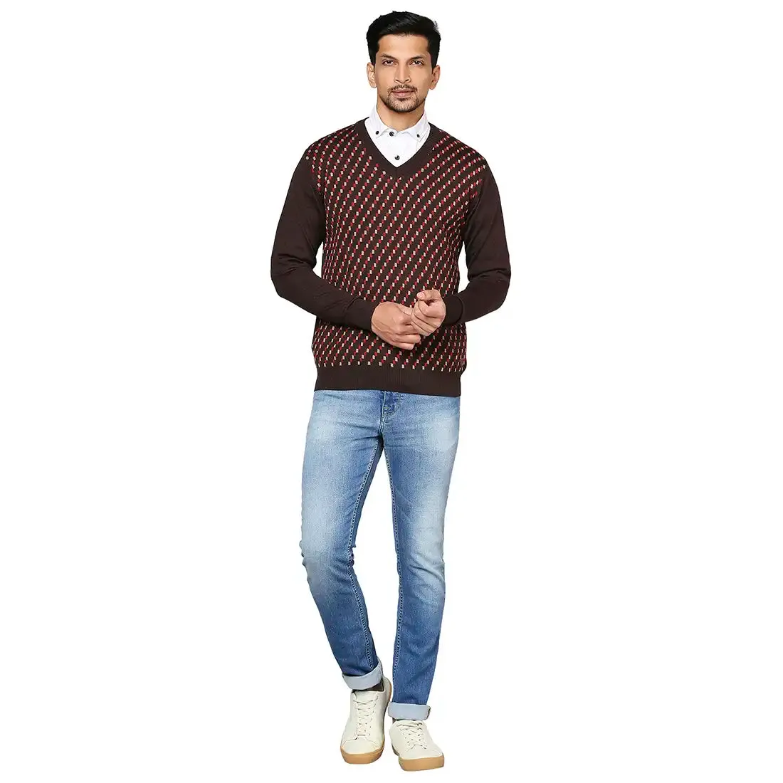 Men Brown Jacquard Wool Blend Full Sleeve V Neck Collar Sweaters