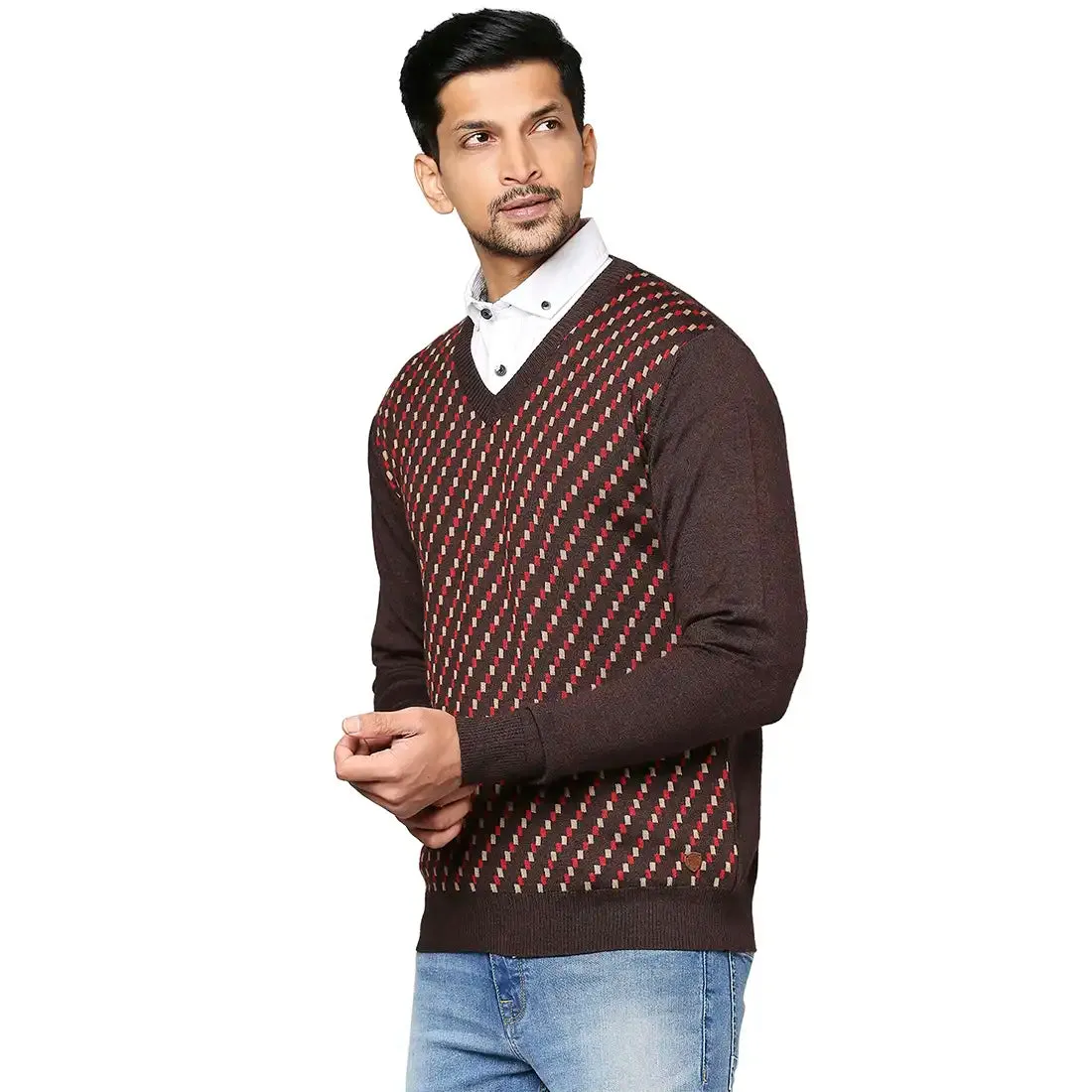 Men Brown Jacquard Wool Blend Full Sleeve V Neck Collar Sweaters
