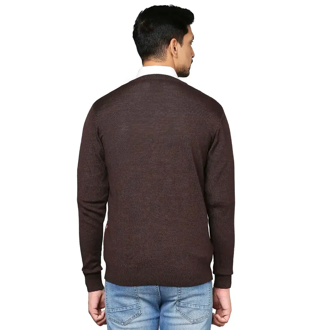 Men Brown Jacquard Wool Blend Full Sleeve V Neck Collar Sweaters