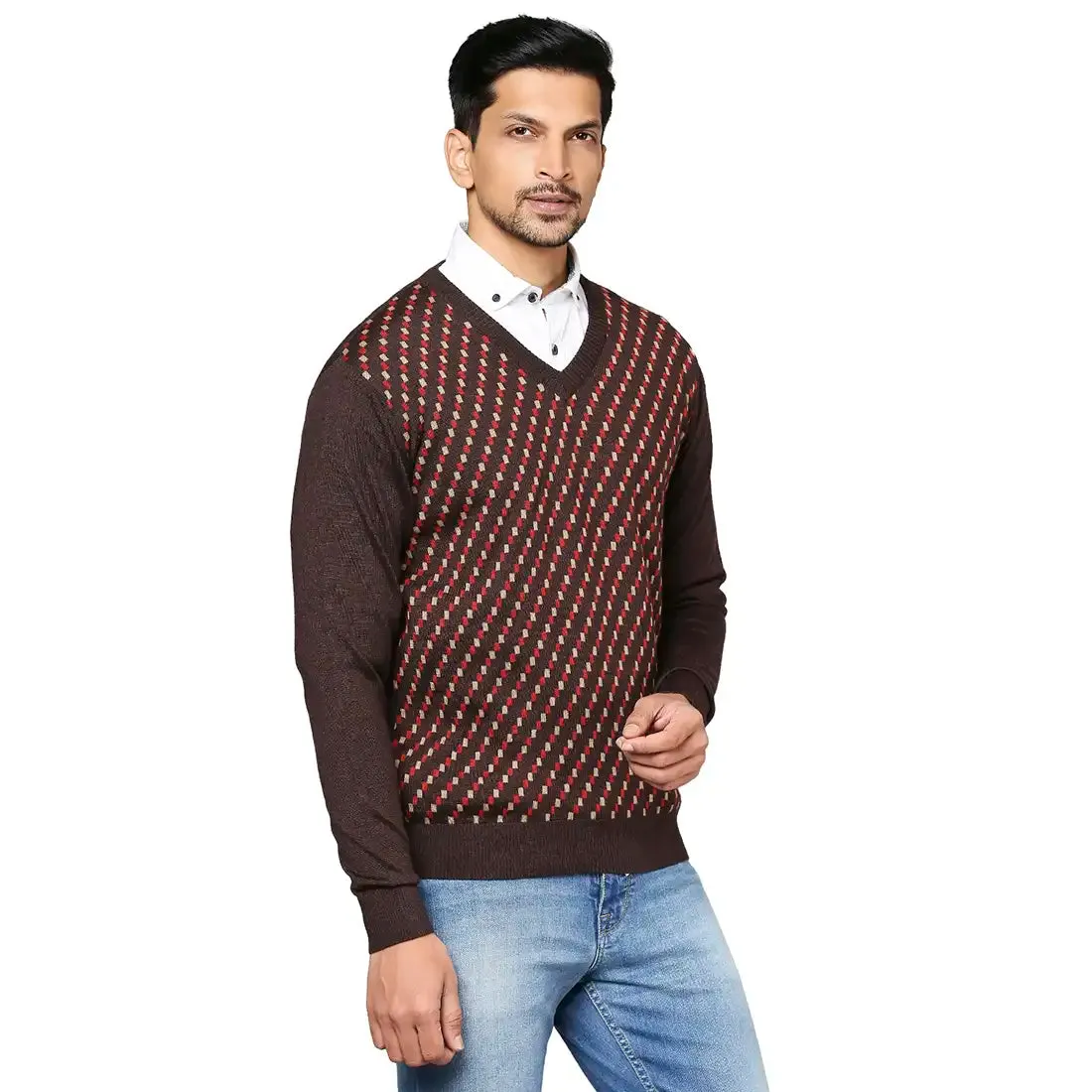 Men Brown Jacquard Wool Blend Full Sleeve V Neck Collar Sweaters