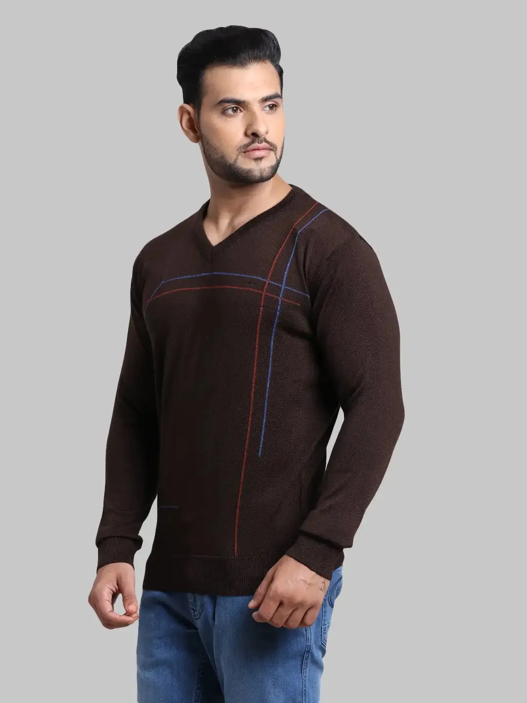 Men Brown Tailored Fit Intarsia Acrylic Wool Blend Full Sleeve V Neck Collar Sweaters
