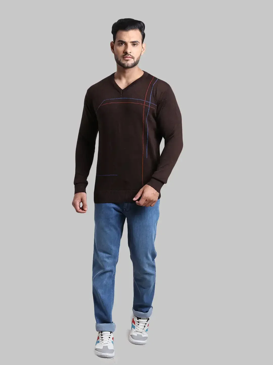 Men Brown Tailored Fit Intarsia Acrylic Wool Blend Full Sleeve V Neck Collar Sweaters