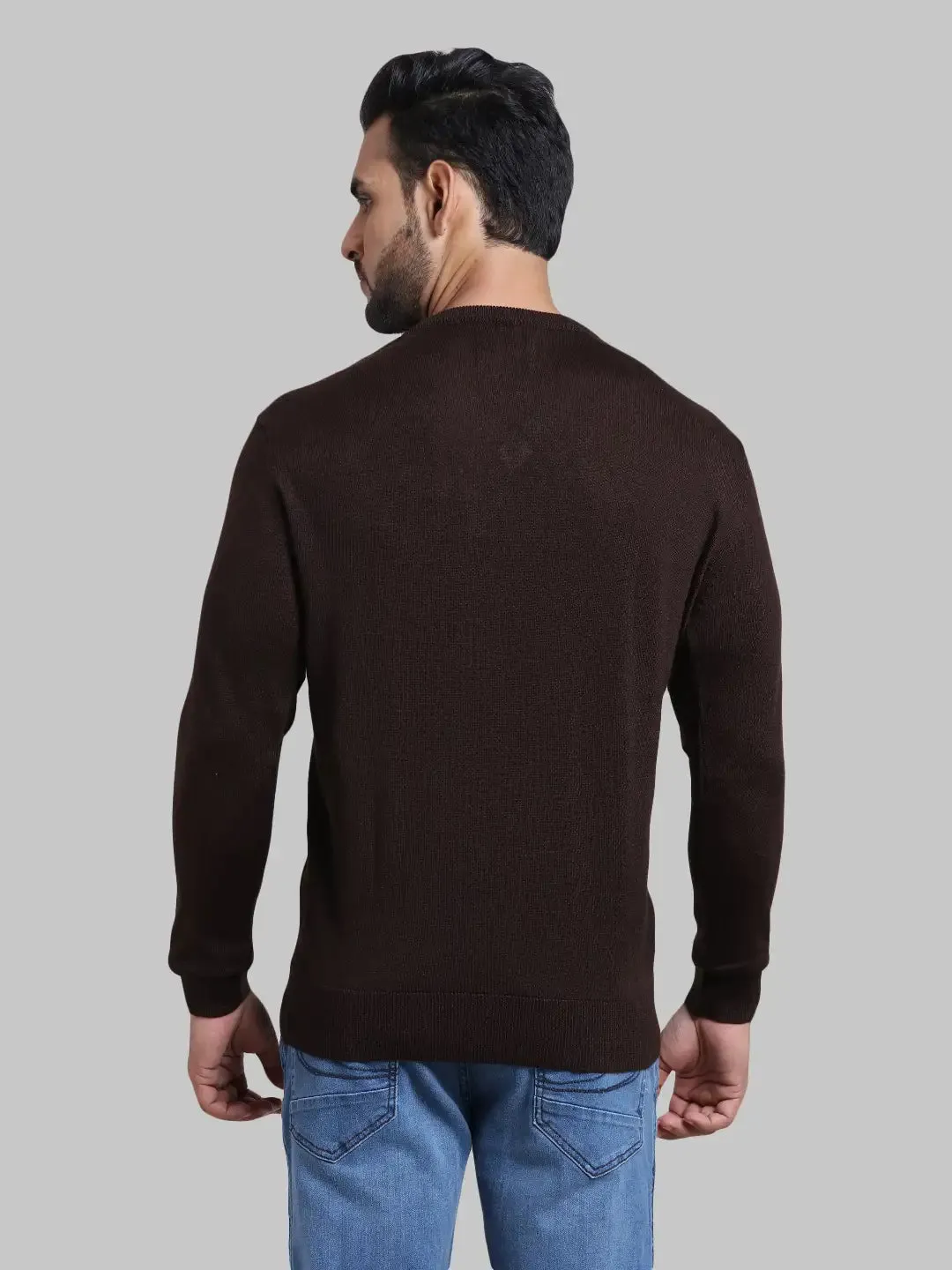Men Brown Tailored Fit Intarsia Acrylic Wool Blend Full Sleeve V Neck Collar Sweaters