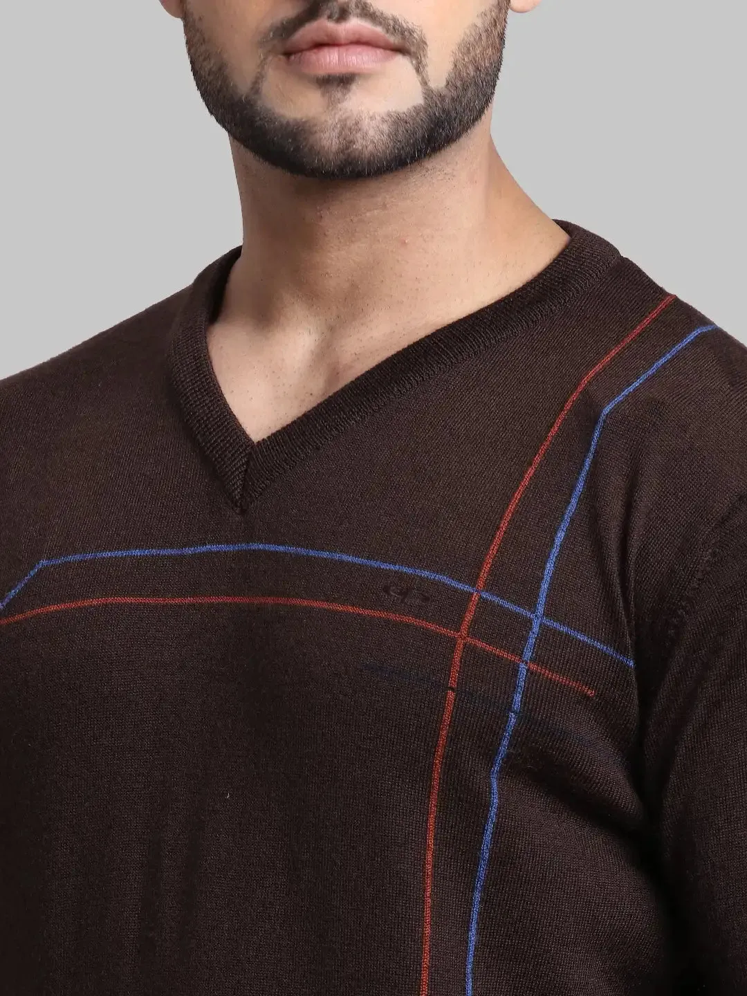 Men Brown Tailored Fit Intarsia Acrylic Wool Blend Full Sleeve V Neck Collar Sweaters