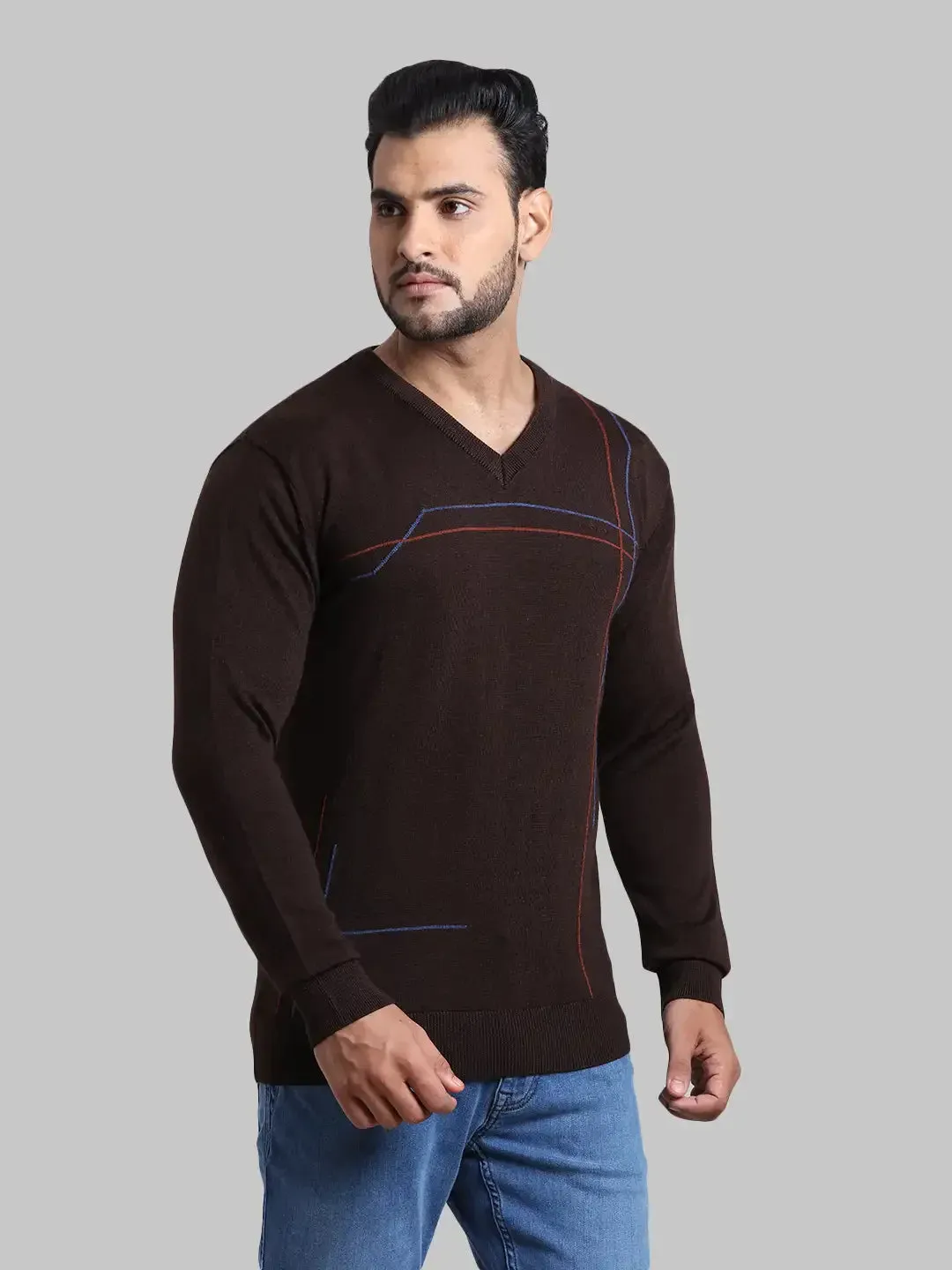 Men Brown Tailored Fit Intarsia Acrylic Wool Blend Full Sleeve V Neck Collar Sweaters