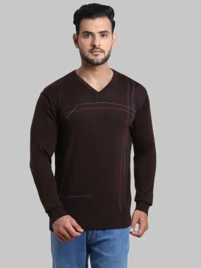 Men Brown Tailored Fit Intarsia Acrylic Wool Blend Full Sleeve V Neck Collar Sweaters