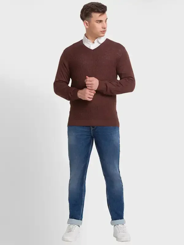 Men Brown Tailored Fit Structure Acrylic Merino Blend Full Sleeve V Neck Collar Sweaters