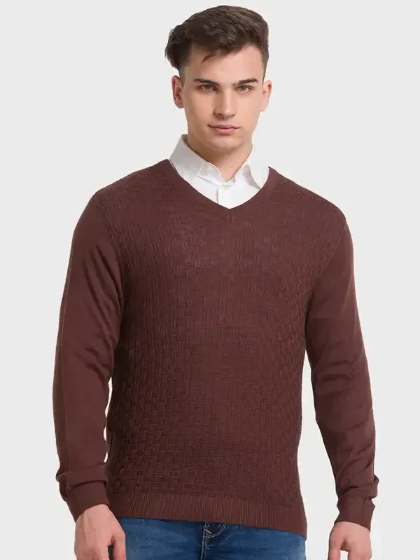 Men Brown Tailored Fit Structure Acrylic Merino Blend Full Sleeve V Neck Collar Sweaters