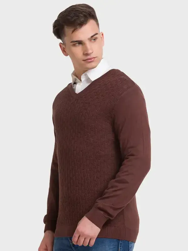 Men Brown Tailored Fit Structure Acrylic Merino Blend Full Sleeve V Neck Collar Sweaters