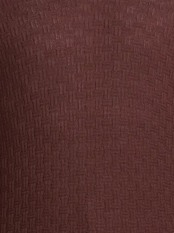 Men Brown Tailored Fit Structure Acrylic Merino Blend Full Sleeve V Neck Collar Sweaters