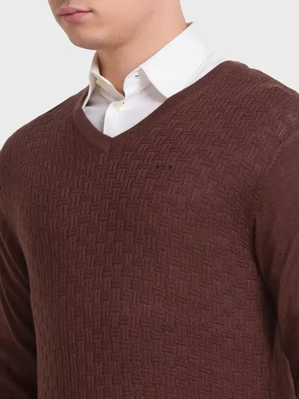Men Brown Tailored Fit Structure Acrylic Merino Blend Full Sleeve V Neck Collar Sweaters