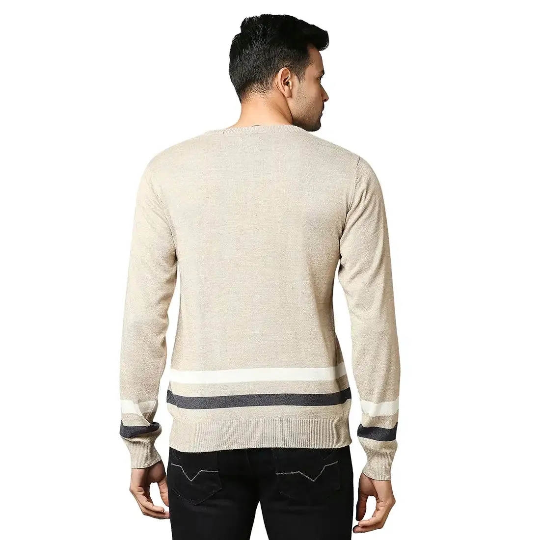 Men Fawn Stripe Acrylic Wool Blend Round Collar Sweaters