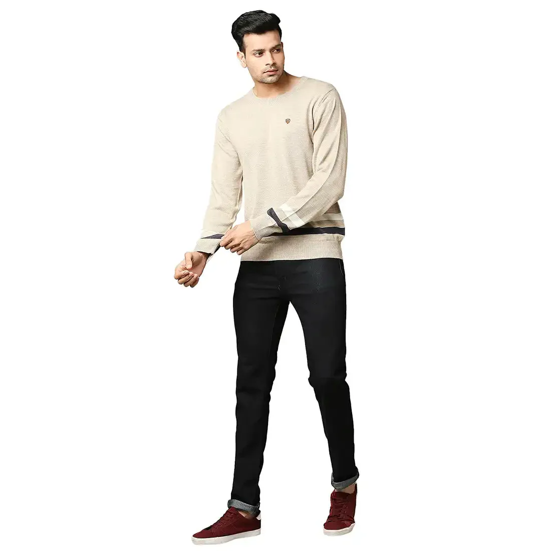 Men Fawn Stripe Acrylic Wool Blend Round Collar Sweaters