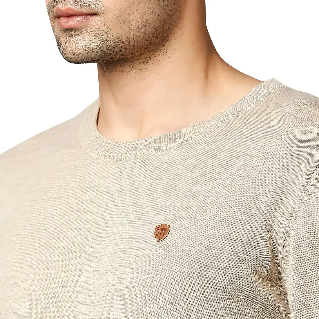 Men Fawn Stripe Acrylic Wool Blend Round Collar Sweaters