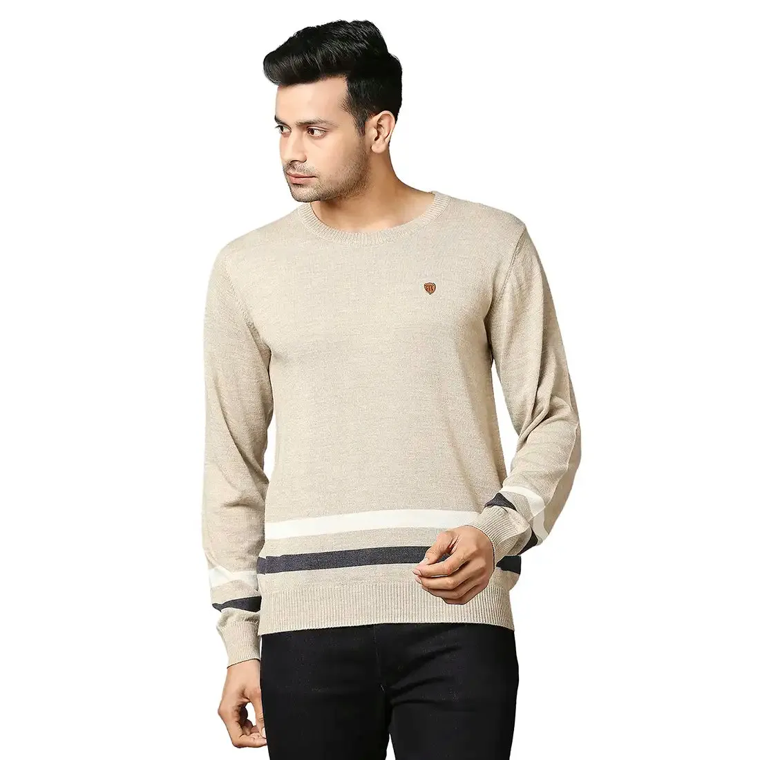 Men Fawn Stripe Acrylic Wool Blend Round Collar Sweaters