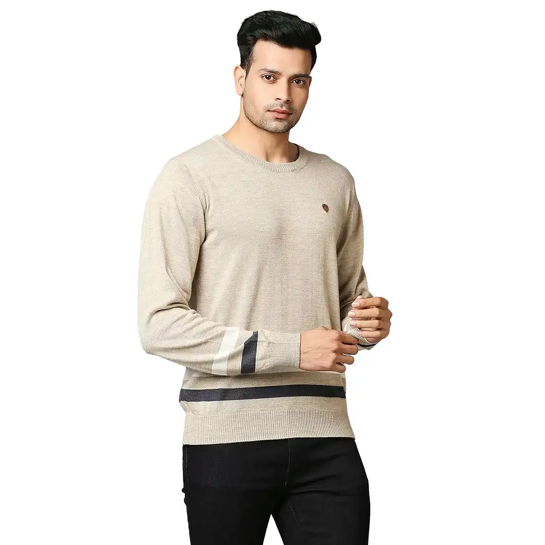 Men Fawn Stripe Acrylic Wool Blend Round Collar Sweaters