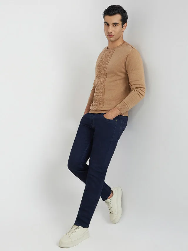 Men Fawn Structure Cable Acrylic Wool Blend Round Collar Sweaters