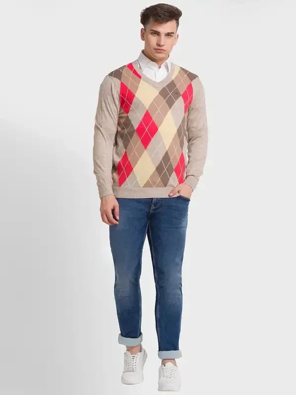 Men Fawn Tailored Fit Jacquard Acrylic Merino Blend Full Sleeve V Neck Collar Sweaters