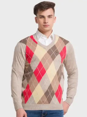 Men Fawn Tailored Fit Jacquard Acrylic Merino Blend Full Sleeve V Neck Collar Sweaters