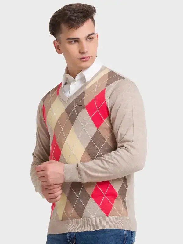 Men Fawn Tailored Fit Jacquard Acrylic Merino Blend Full Sleeve V Neck Collar Sweaters
