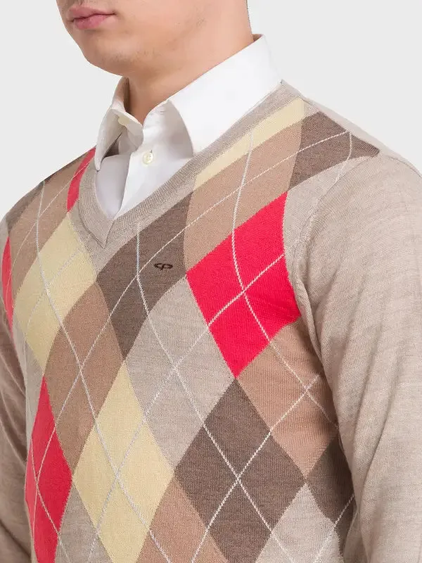 Men Fawn Tailored Fit Jacquard Acrylic Merino Blend Full Sleeve V Neck Collar Sweaters