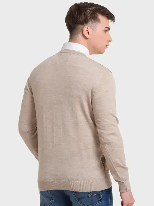 Men Fawn Tailored Fit Jacquard Acrylic Merino Blend Full Sleeve V Neck Collar Sweaters