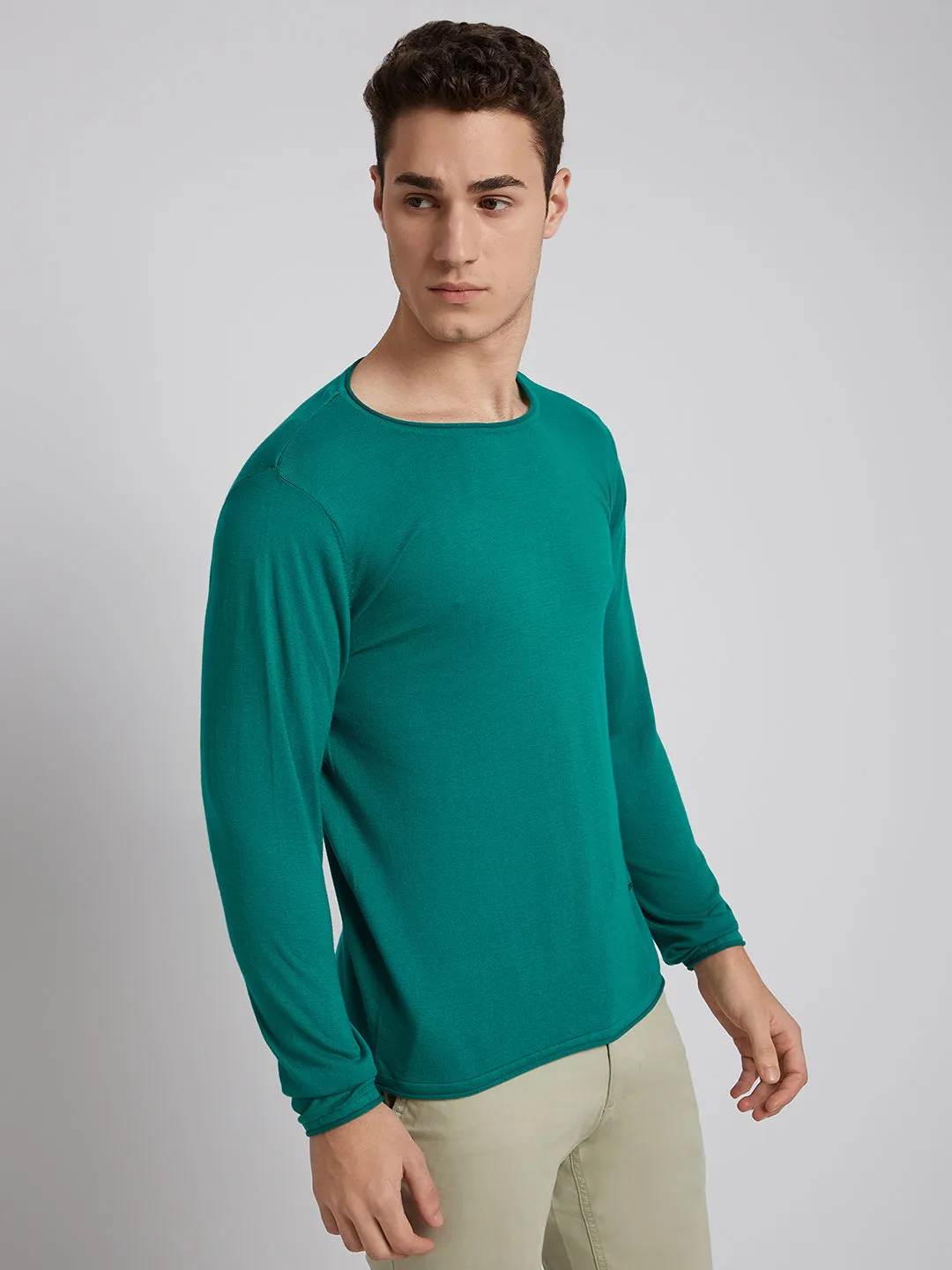 Men Green Solid Cotton Full Sleeve Sweaters