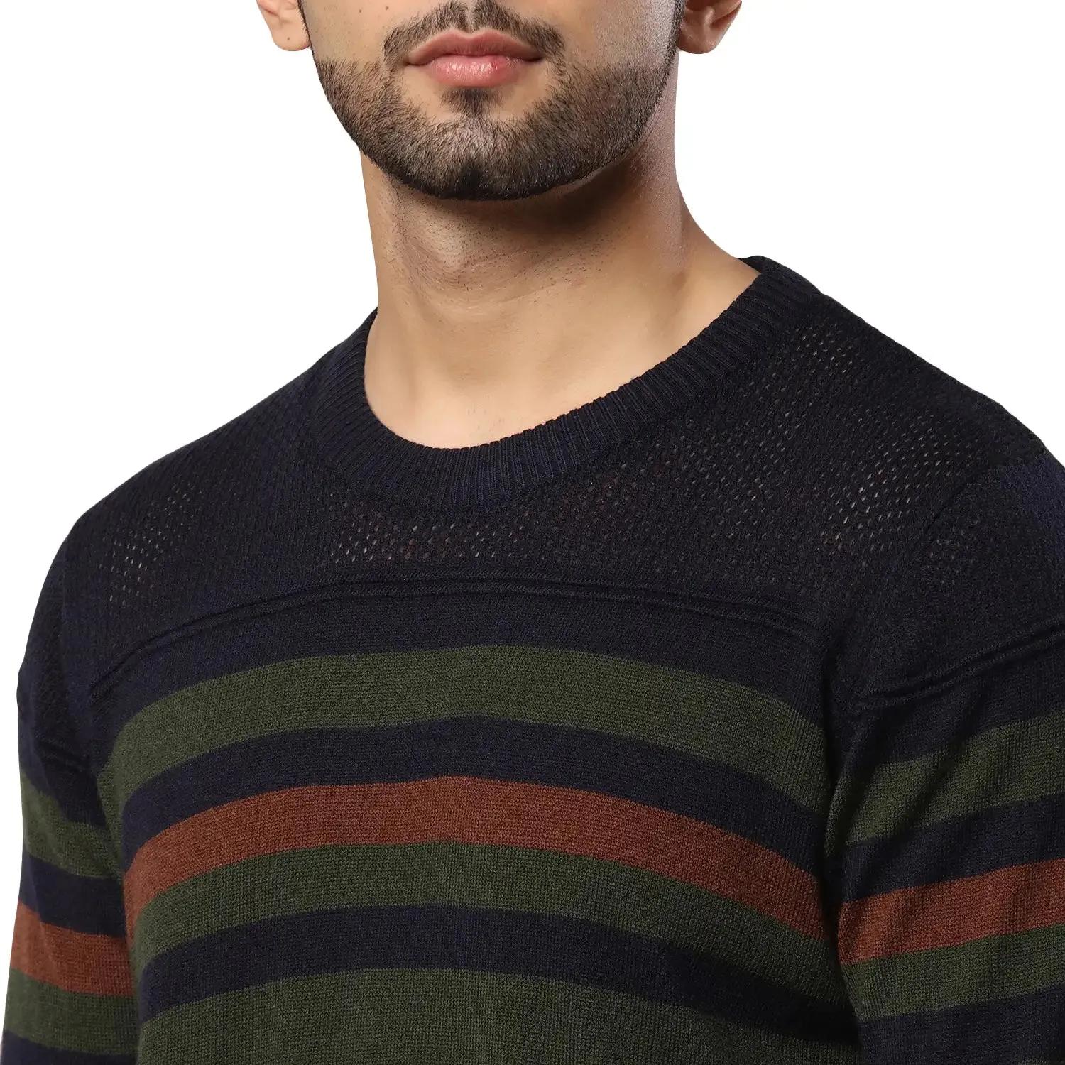 Men Green Structure Acrylic Wool Blend Round Collar Sweaters