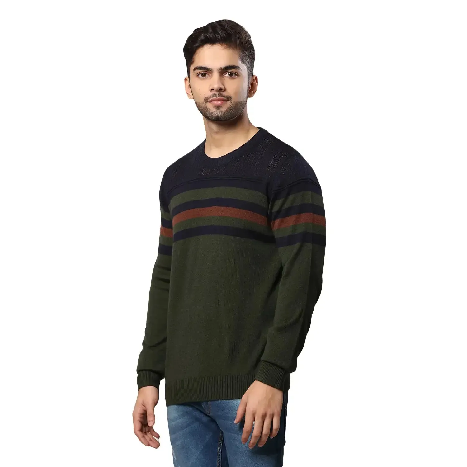 Men Green Structure Acrylic Wool Blend Round Collar Sweaters