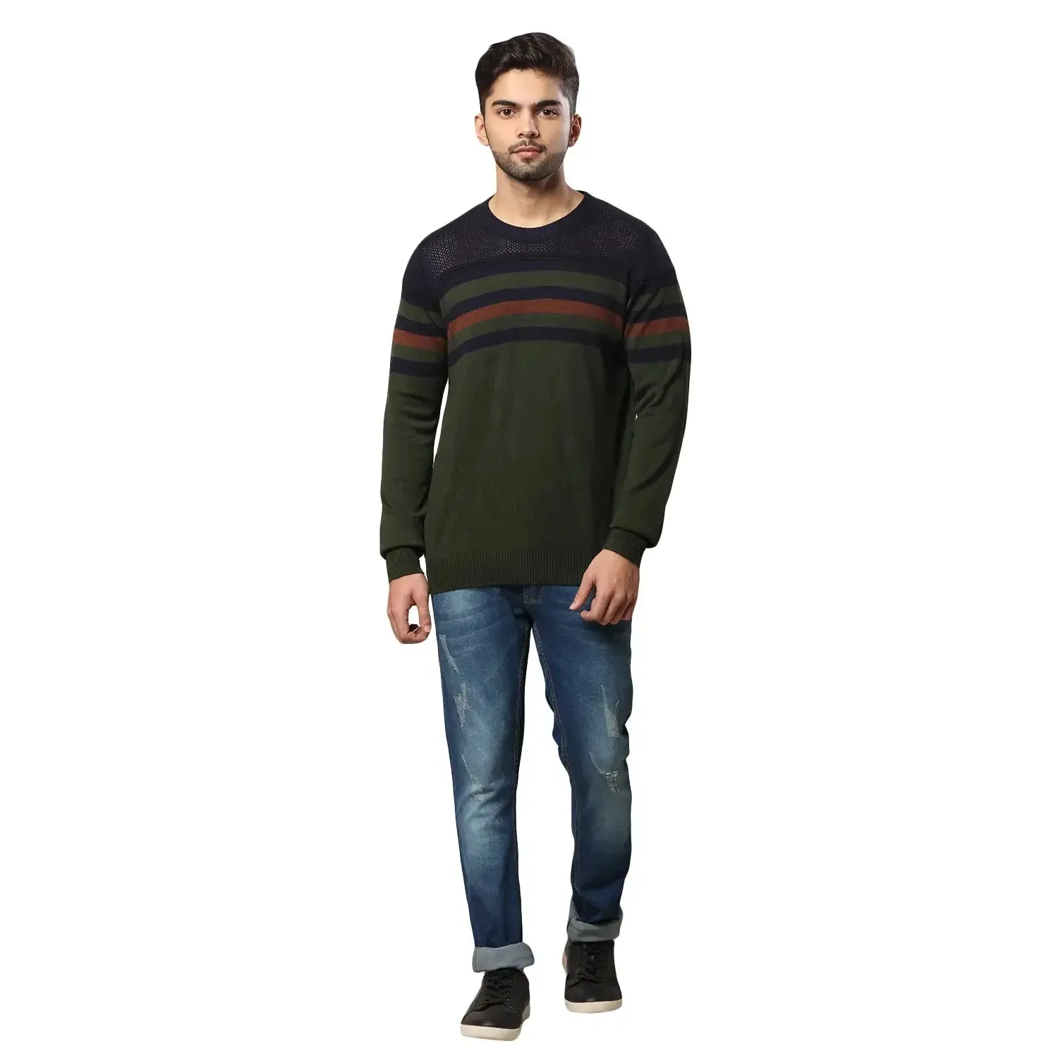 Men Green Structure Acrylic Wool Blend Round Collar Sweaters
