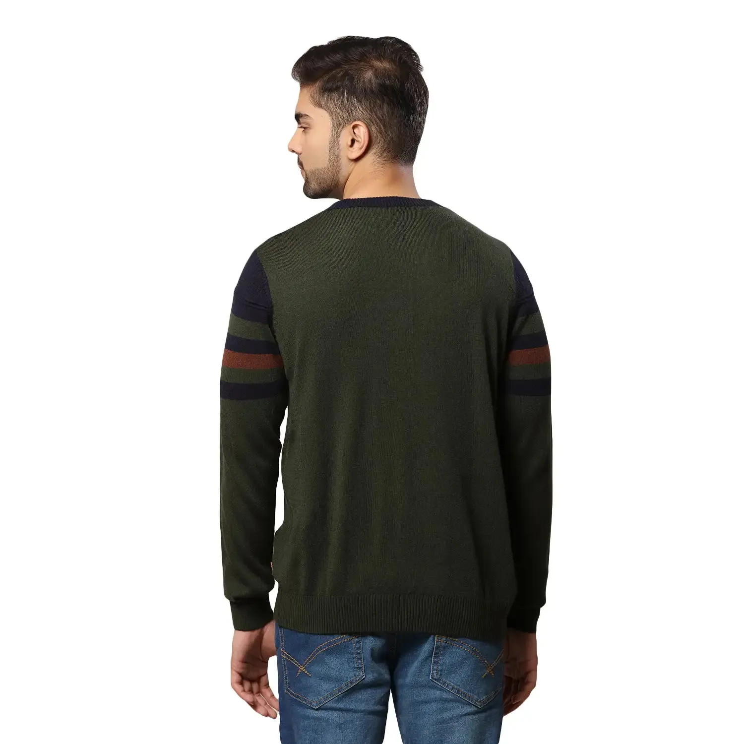 Men Green Structure Acrylic Wool Blend Round Collar Sweaters