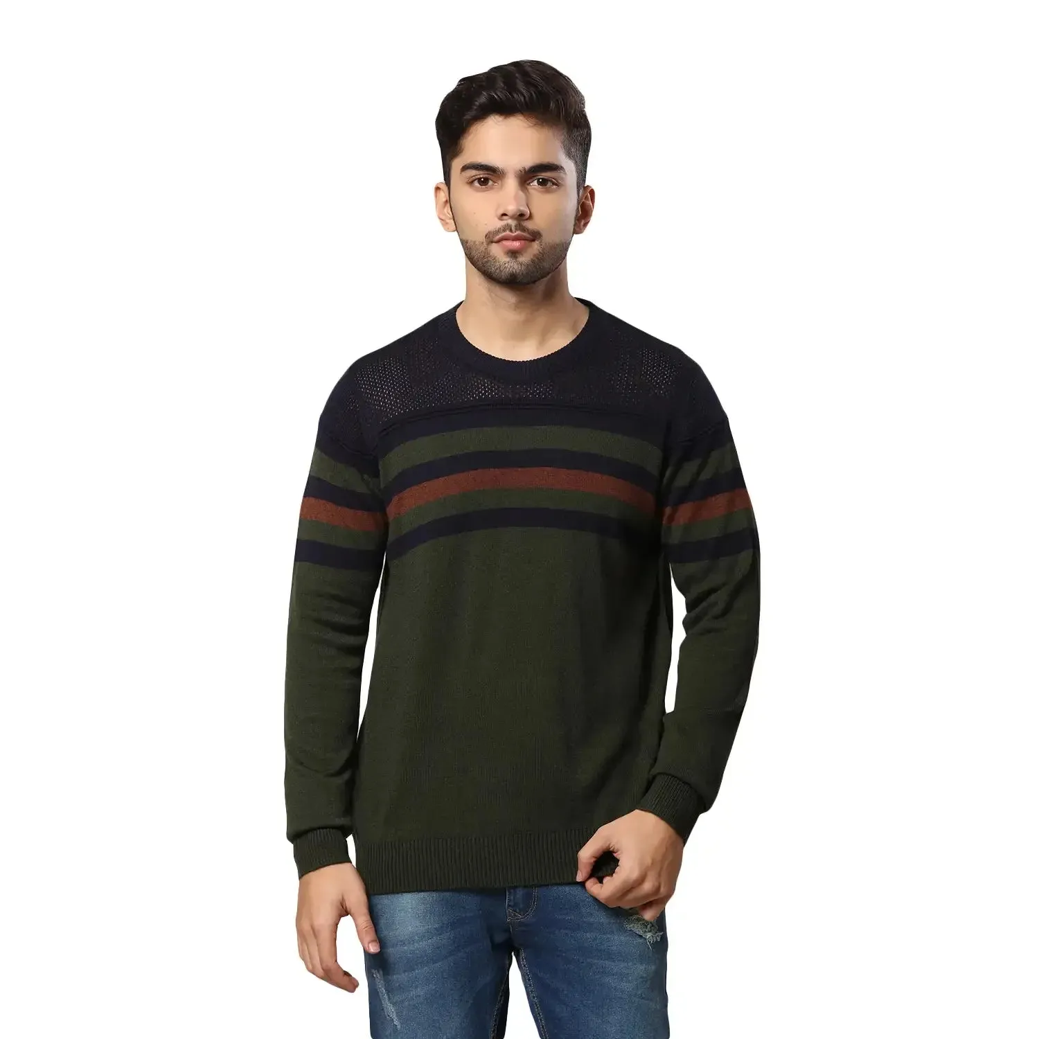 Men Green Structure Acrylic Wool Blend Round Collar Sweaters