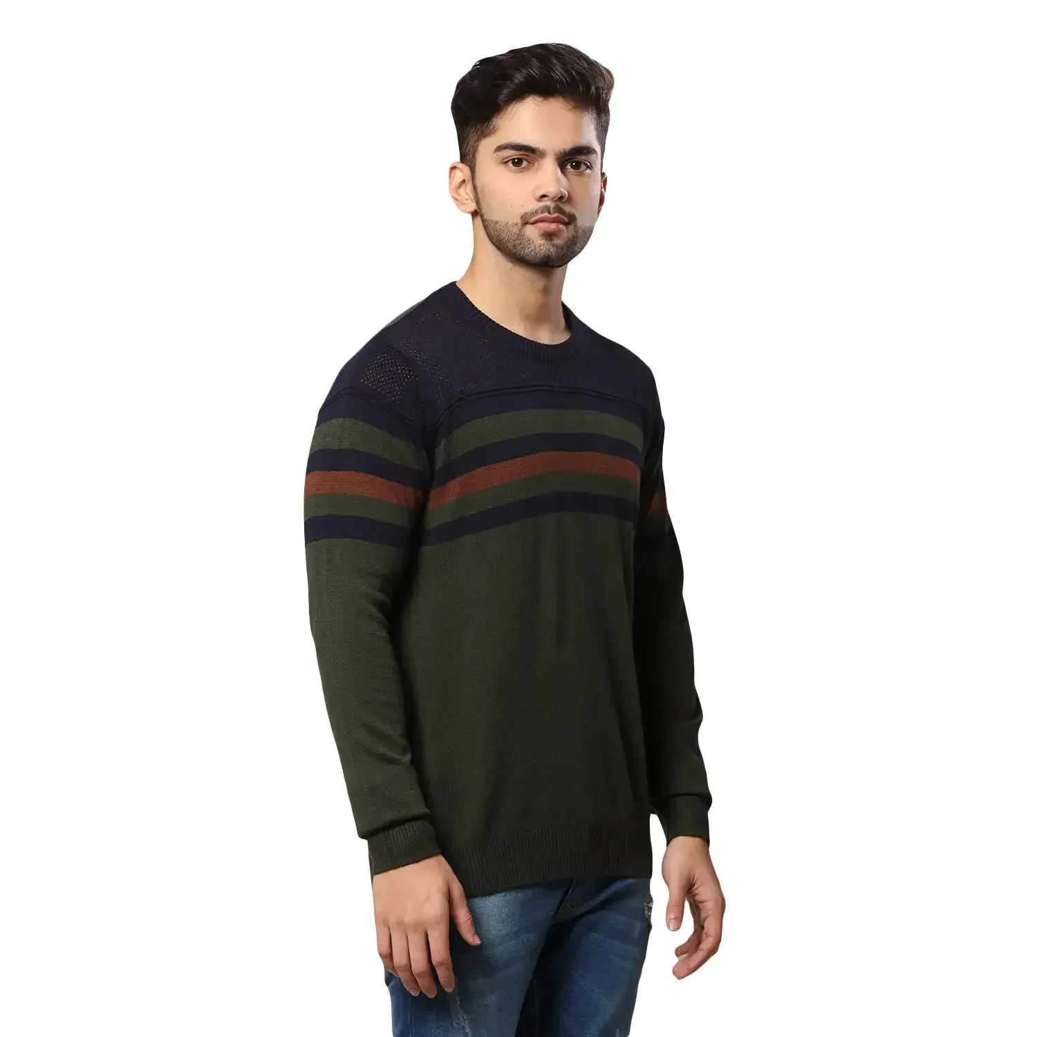 Men Green Structure Acrylic Wool Blend Round Collar Sweaters