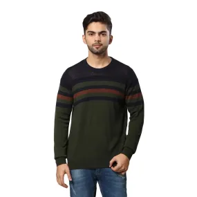 Men Green Structure Acrylic Wool Blend Round Collar Sweaters