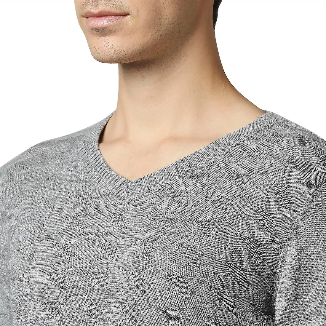 Men Grey Acrylic Wool Blend Full Sleeve V Neck Collar Sweaters