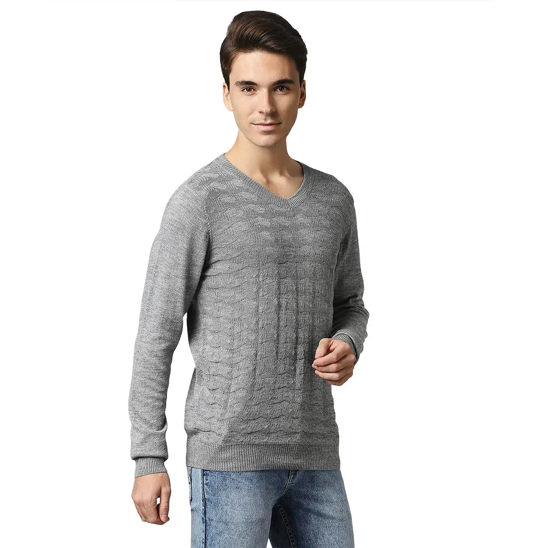 Men Grey Acrylic Wool Blend Full Sleeve V Neck Collar Sweaters