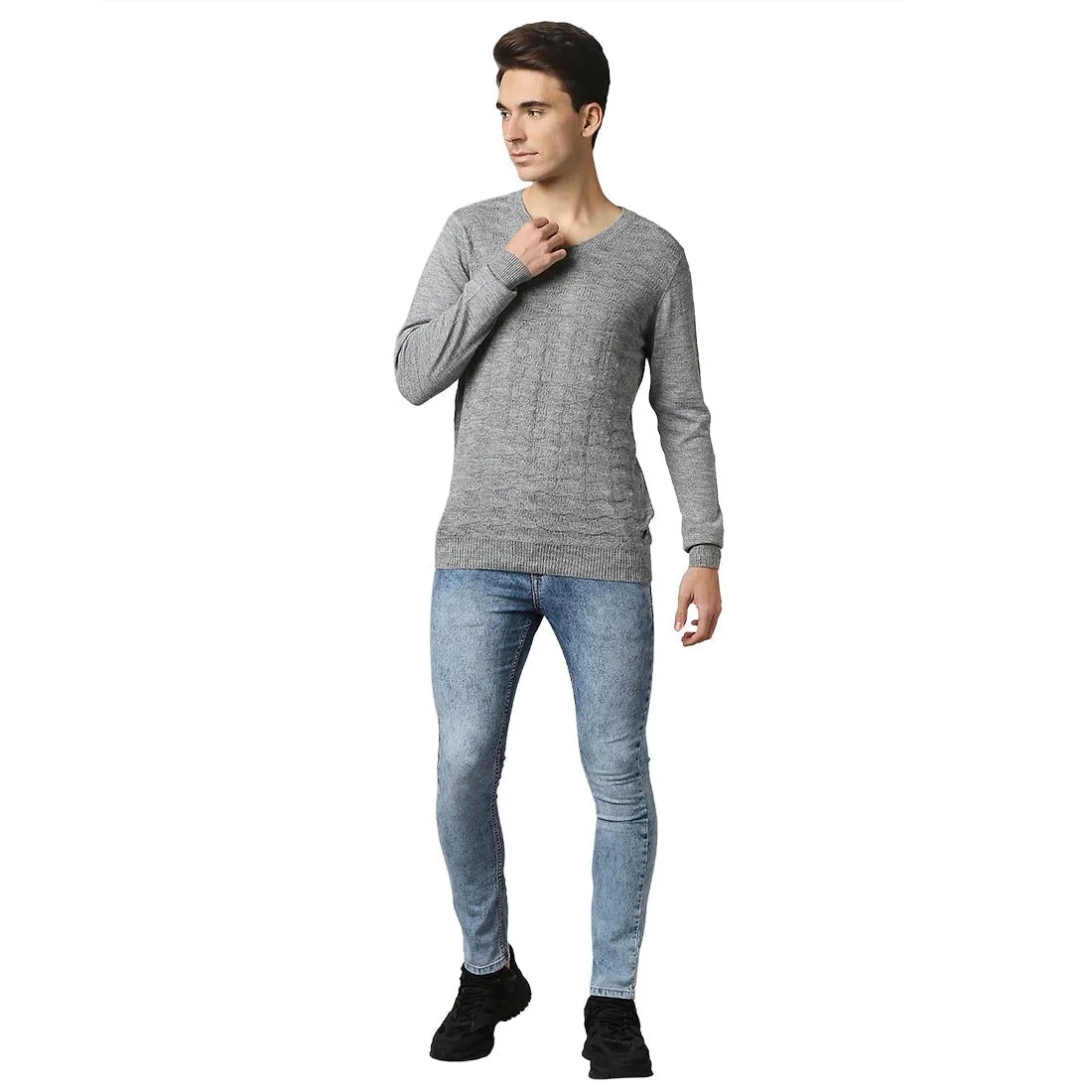 Men Grey Acrylic Wool Blend Full Sleeve V Neck Collar Sweaters