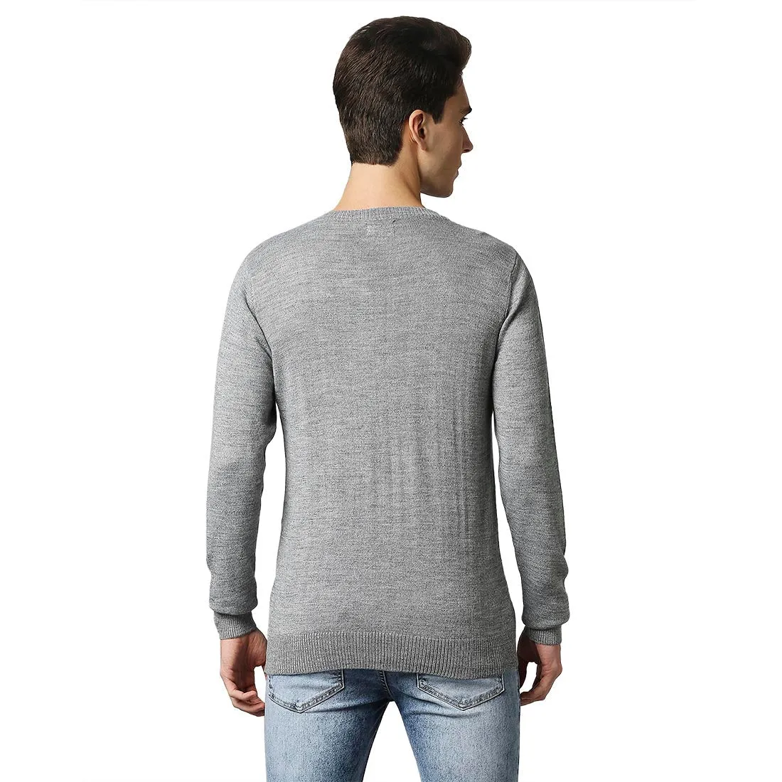 Men Grey Acrylic Wool Blend Full Sleeve V Neck Collar Sweaters