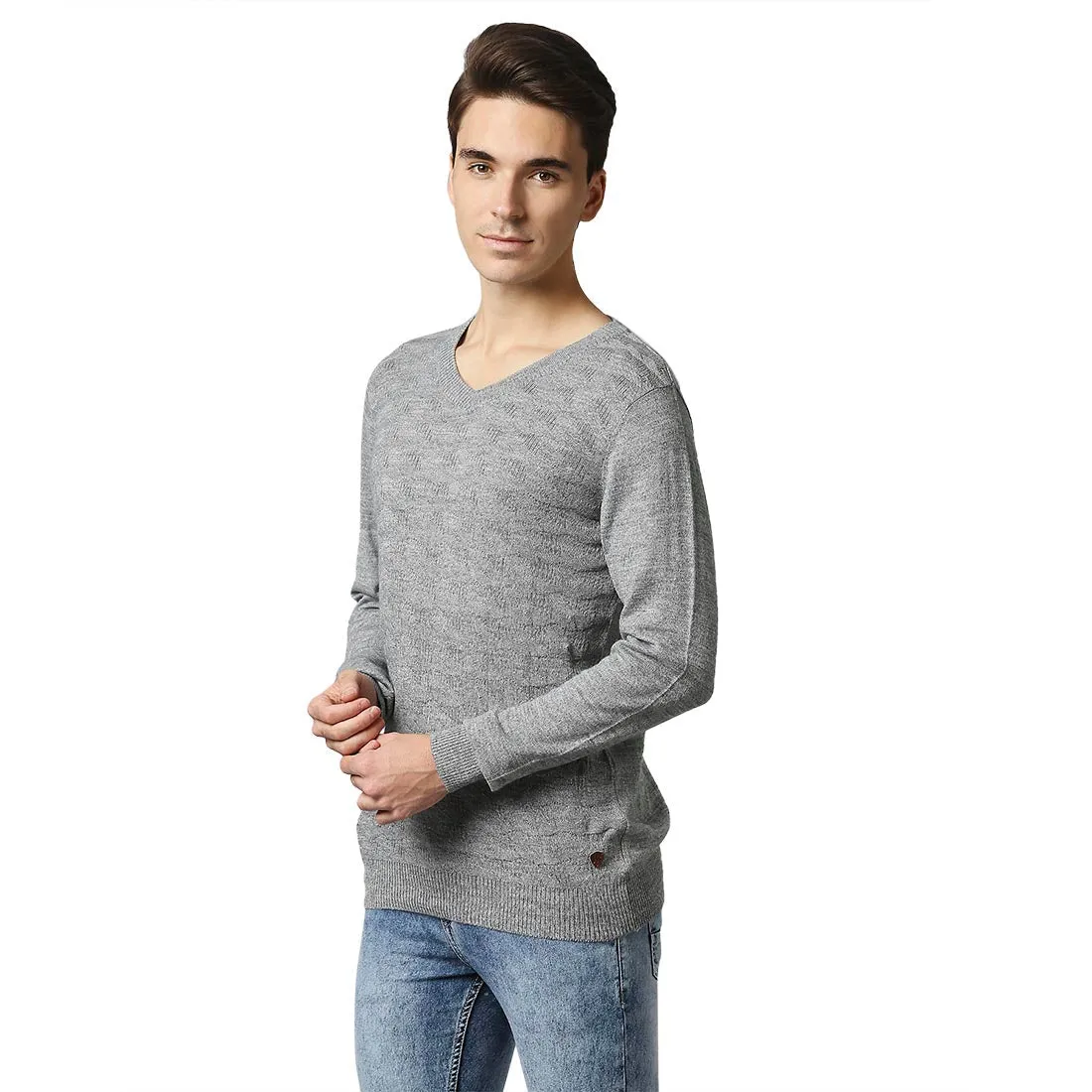 Men Grey Acrylic Wool Blend Full Sleeve V Neck Collar Sweaters