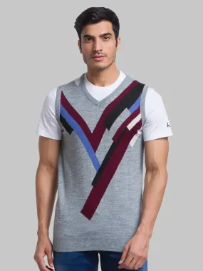 Men Grey Intarsia Acrylic Blend Sleeveless Sweaters
