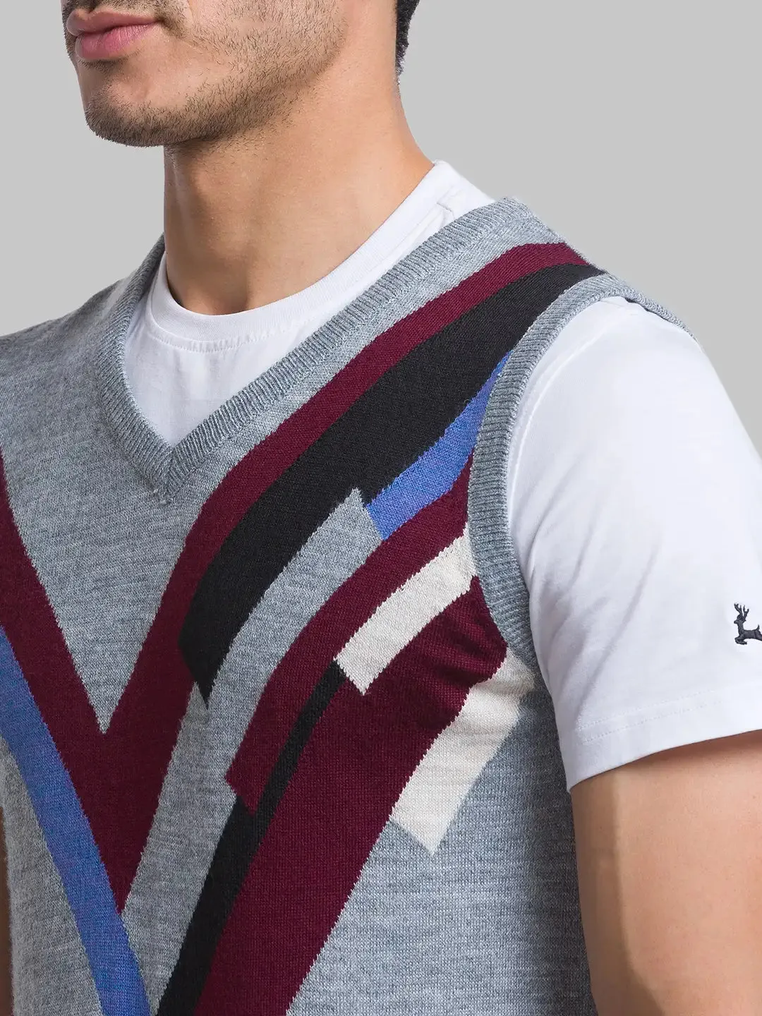 Men Grey Intarsia Acrylic Blend Sleeveless Sweaters