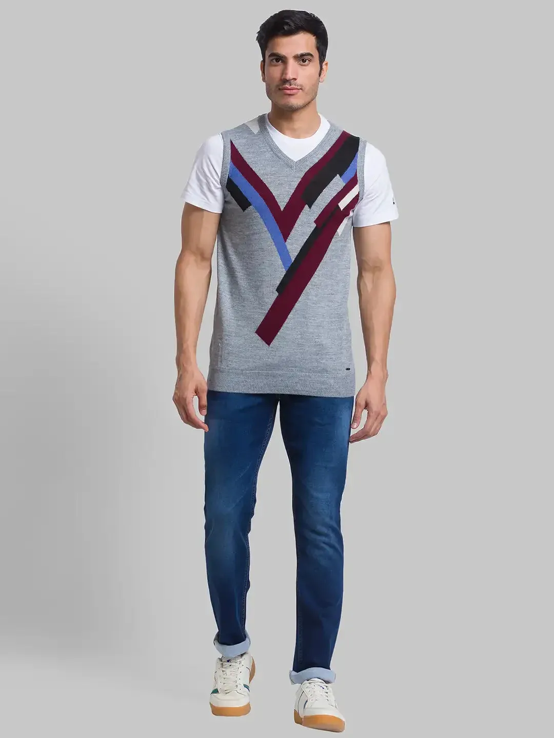 Men Grey Intarsia Acrylic Blend Sleeveless Sweaters